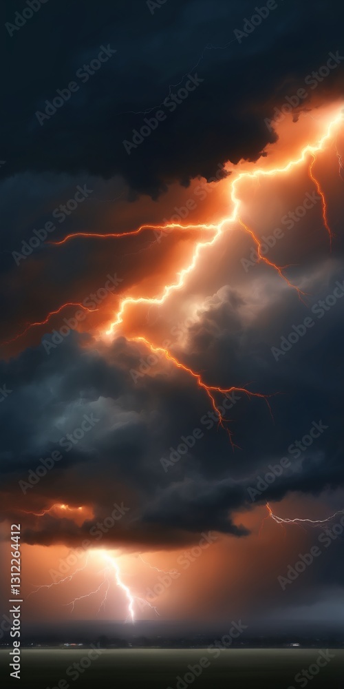 Abstract Stormy Sky with Orange Lightning with bright orange streaks