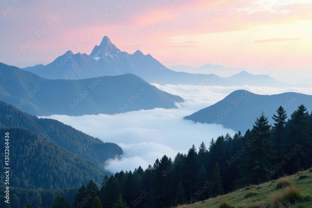 Obraz premium Misty mountain peaks shrouded in fog, ethereal landscape, landscape, light, sky