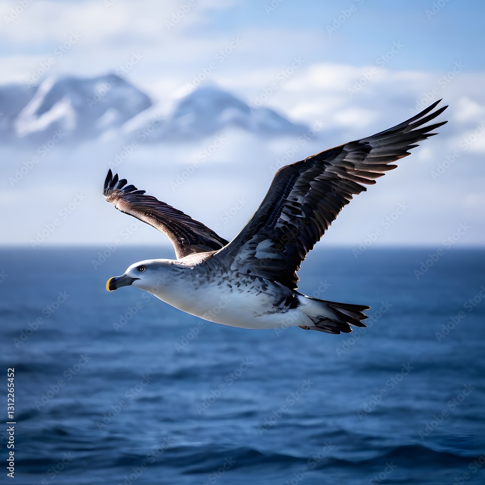 Obraz premium A seagull flying over the ocean with snow-capped mountains in the background