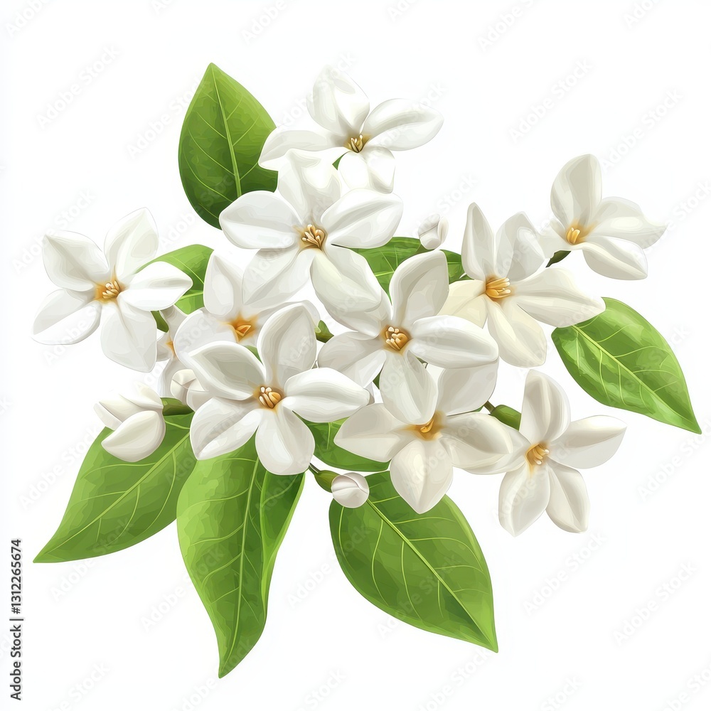Obraz premium Realistic 3D Icon Cartoon of a Cluster of Fresh White Jasmine Flowers isolated on clear white background