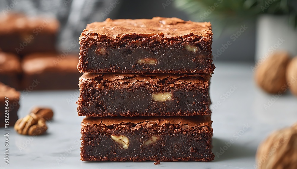 Pecan brownies stacked on marble Pecan brownies stacked on marble