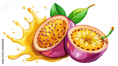 passion fruit with juice splash isolated on a white background. Clipping path.