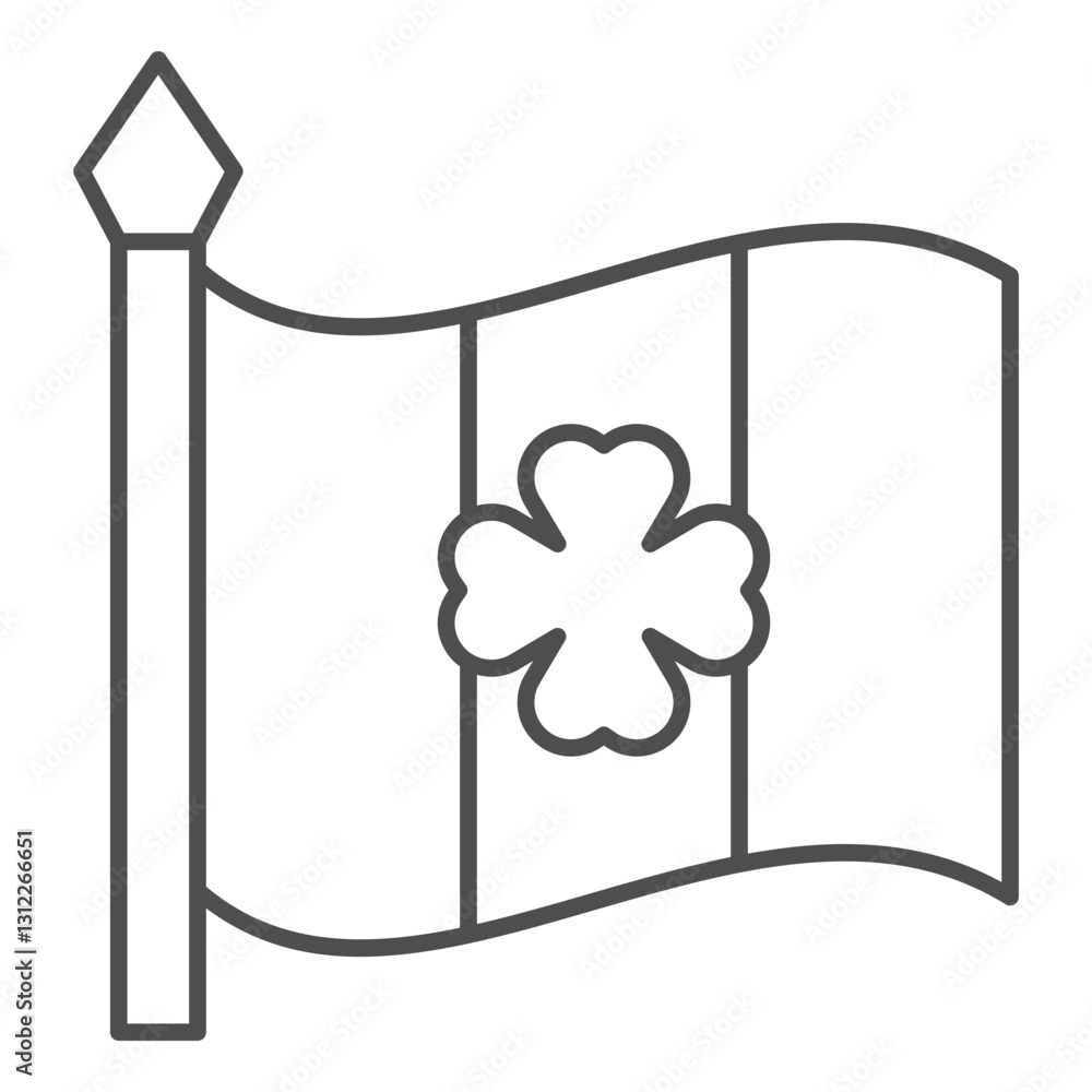 Fototapeta premium Irish flag with clover leaf thin icon, saint Patrick day concept. Vector graphics. Country festive flag sign on white background, outline style icon for mobile or web design.