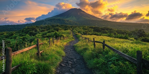 A serene dirt path meanders through a lush grassy field, flanked by rustic wooden fences, inviting exploration amidst nature's tranquility