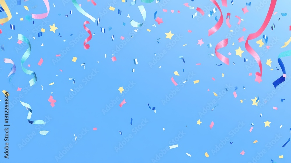 Colorful Celebration: Festive Confetti and Ribbons Falling on a Bright Blue Sky Background Colorful Celebration: Festive Confetti and Ribbons Falling on a Bright Blue Sky Background