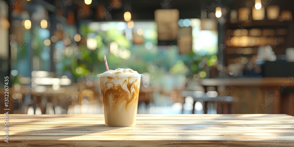 Realistic 3D Icon Cartoon of A Cup of Iced Coffee with Milk Swirl on a Wooden Table with a Softly Blurred Summer Coffee Shop Background Realistic 3D Icon Cartoon of A Cup of Iced Coffee with Milk Swirl on a Wooden Table with a Softly Blurred Summer Coffee Shop Background