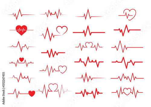 Red heartbeat line collection with heart symbol, cardiology, medical pulse, ECG, EKG design, healthcare clipart vector illustration, health monitoring, digital heartbeat graphics