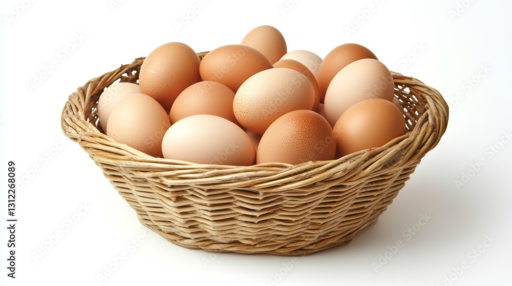 A basket full of eggs is sitting on a white background A basket full of eggs is sitting on a white background