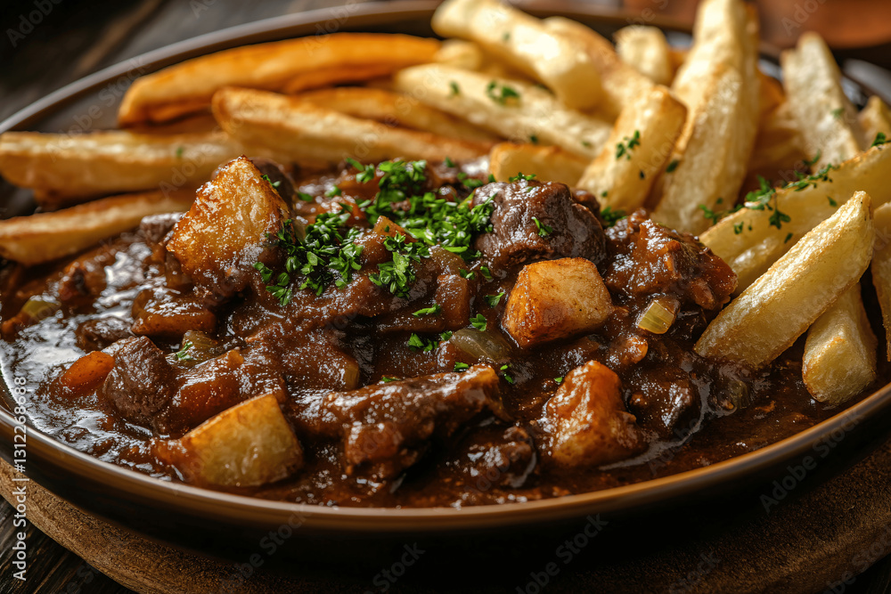 Hearty Flemish stew served with crispy French fries, rich textures and warm lighting Hearty Flemish stew served with crispy French fries, rich textures and warm lighting