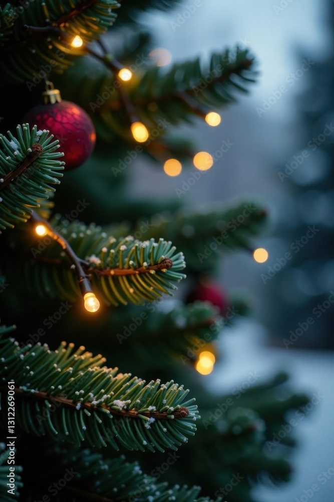 Sparkling lights illuminate lush pine branches, festive holiday backdrop , celebratory, evergreen Sparkling lights illuminate lush pine branches, festive holiday backdrop , celebratory, evergreen