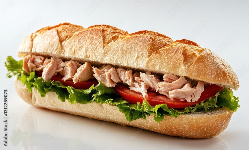 Freshly made tuna sandwich with crisp lettuce and ripe tomato on a lightly toasted sub roll, ideal for a healthy meal or snack option Freshly made tuna sandwich with crisp lettuce and ripe tomato on a lightly toasted sub roll, ideal for a healthy meal or snack option