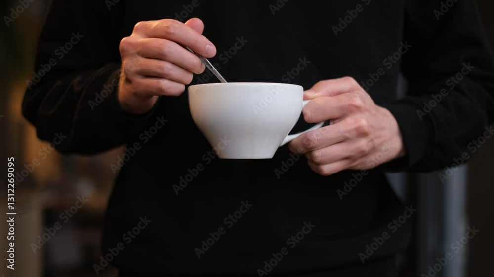 man stirring sugar with spoon in cup side view close up man stirring sugar with spoon in cup side view close up