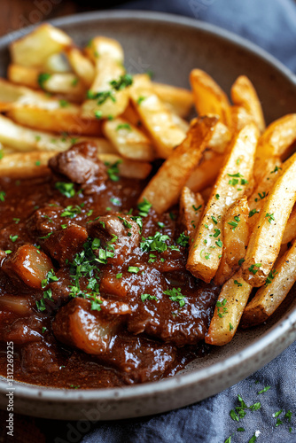 French Carbonade Flamande: Hearty Flemish Stew Paired with Crispy French Fries, Rich Texture, and Warm Lighting