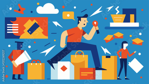 These descriptions can be used to create visually appealing vector illustrations that capture the essence of postshopping chaos during major retail events.