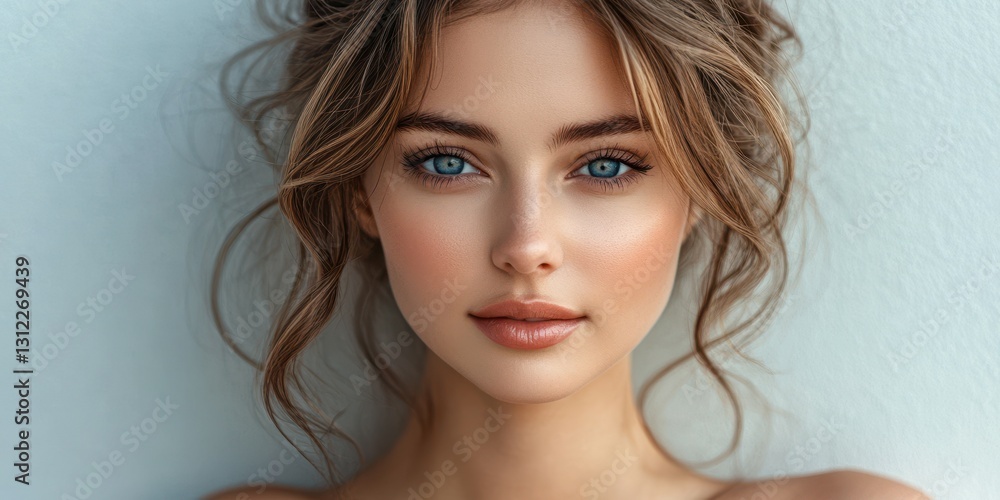 Portrait of a young woman with striking blue eyes and soft, natural makeup against a light background Portrait of a young woman with striking blue eyes and soft, natural makeup against a light background