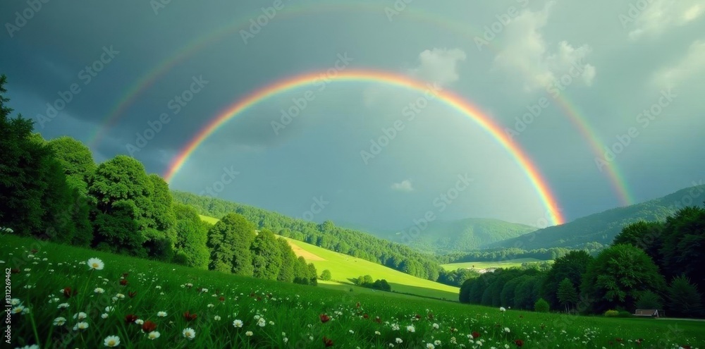 Obraz premium Vast double rainbow arcs over lush green canopy, scenic view, awe