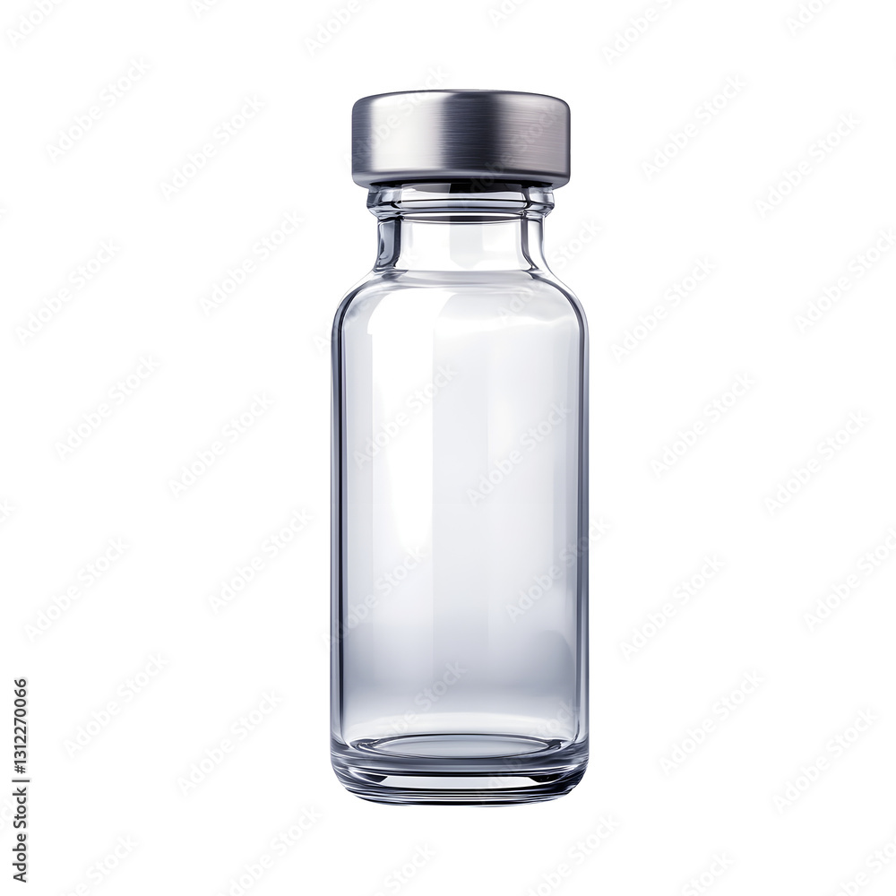 Empty glass vial with a metallic cap. Clean and sterile. Transparent background. Empty glass vial with a metallic cap. Clean and sterile. Transparent background.