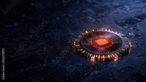 Futuristic Microchip on Circuit Board with Glowing Lights