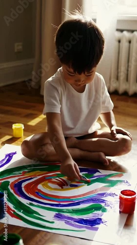 Young boy engaged in creative painting session on floor with colorful swirls