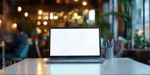 Wallpaper Mural Modern workspace with a laptop and stationary in a bustling cafe setting during the day Torontodigital.ca