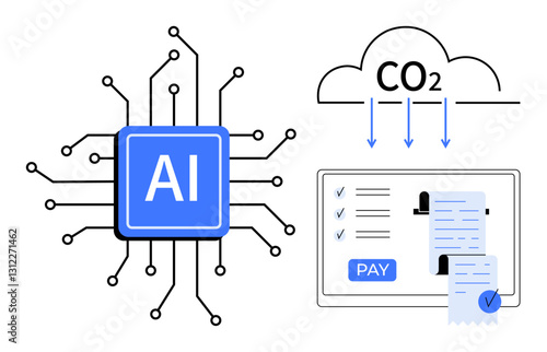 AI chip connected with lines, CO2 cloud emitting arrows, and online payment on screen with receipts. Ideal for technology, AI integration, environment, cloud computing, financial transactions