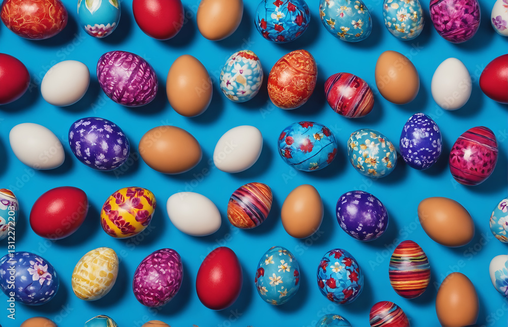 Decorated easter eggs on blue background