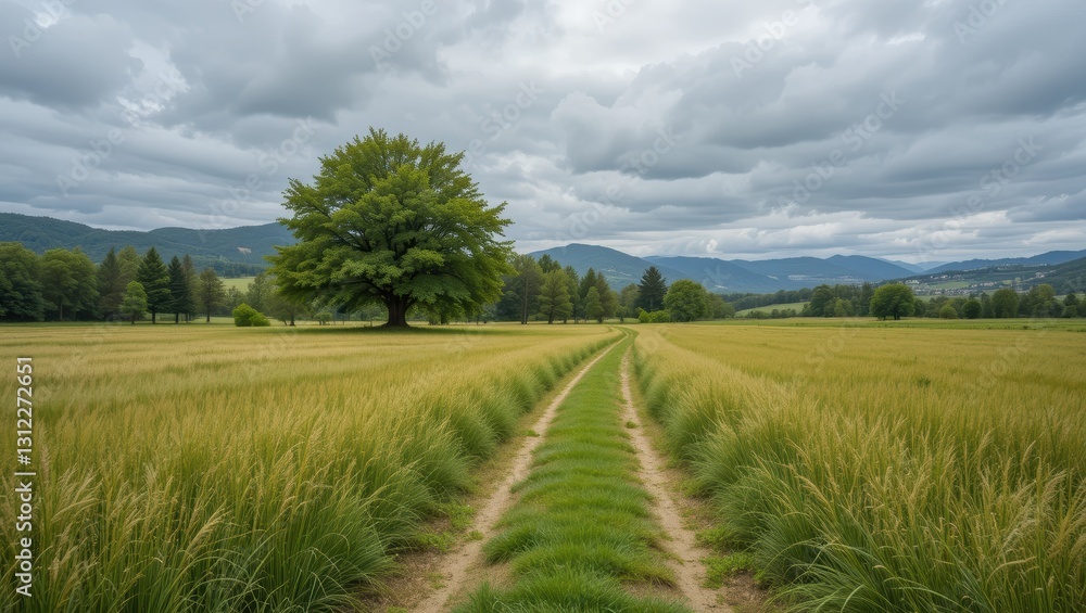 Scenic Path Leading Through Lush Green Meadow Under Dramatic Cloudy Sky Scenic Path Leading Through Lush Green Meadow Under Dramatic Cloudy Sky