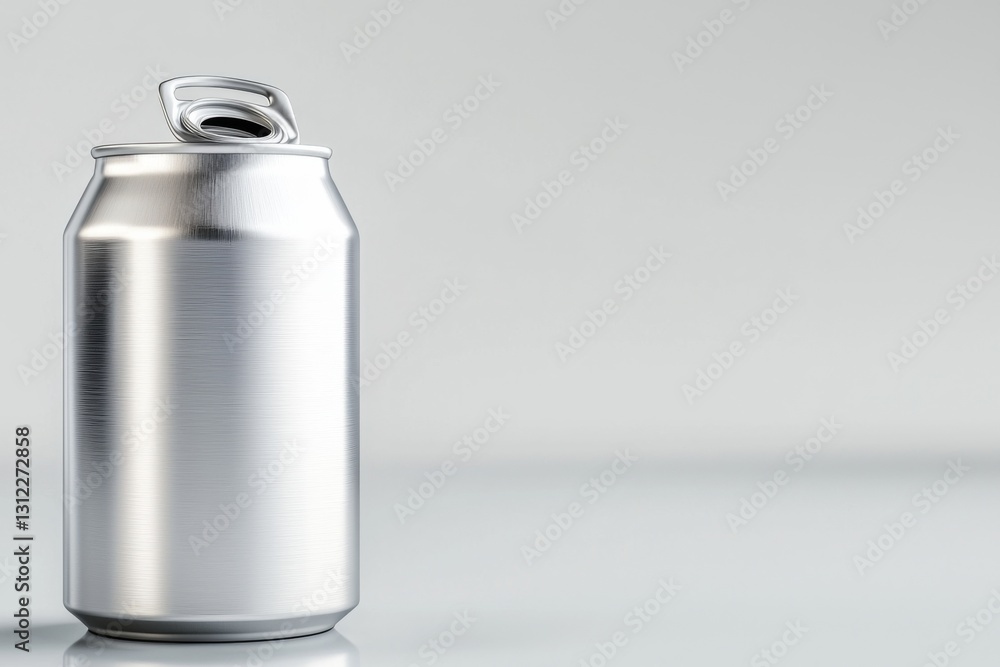 A sleek, silver aluminum can with a pull tab on a reflective surface A sleek, silver aluminum can with a pull tab on a reflective surface