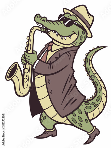 Stylish Anthropomorphic Alligator Jazz Musician Playing Saxophone in Vintage Aesthetic.