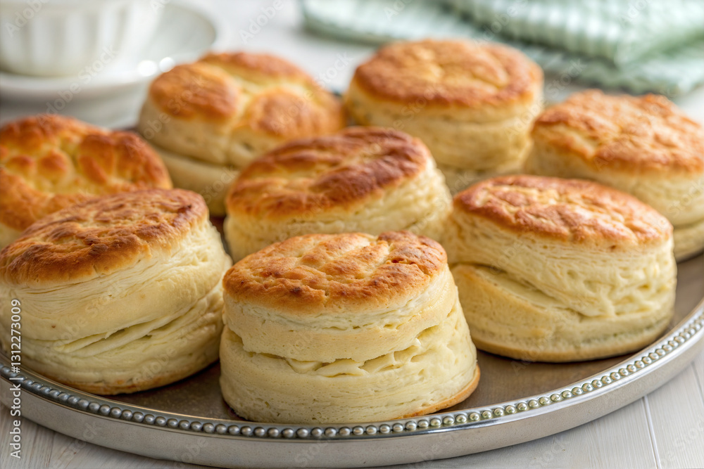 Golden-Brown Flaky Biscuits on a Silver Tray Golden-Brown Flaky Biscuits on a Silver Tray