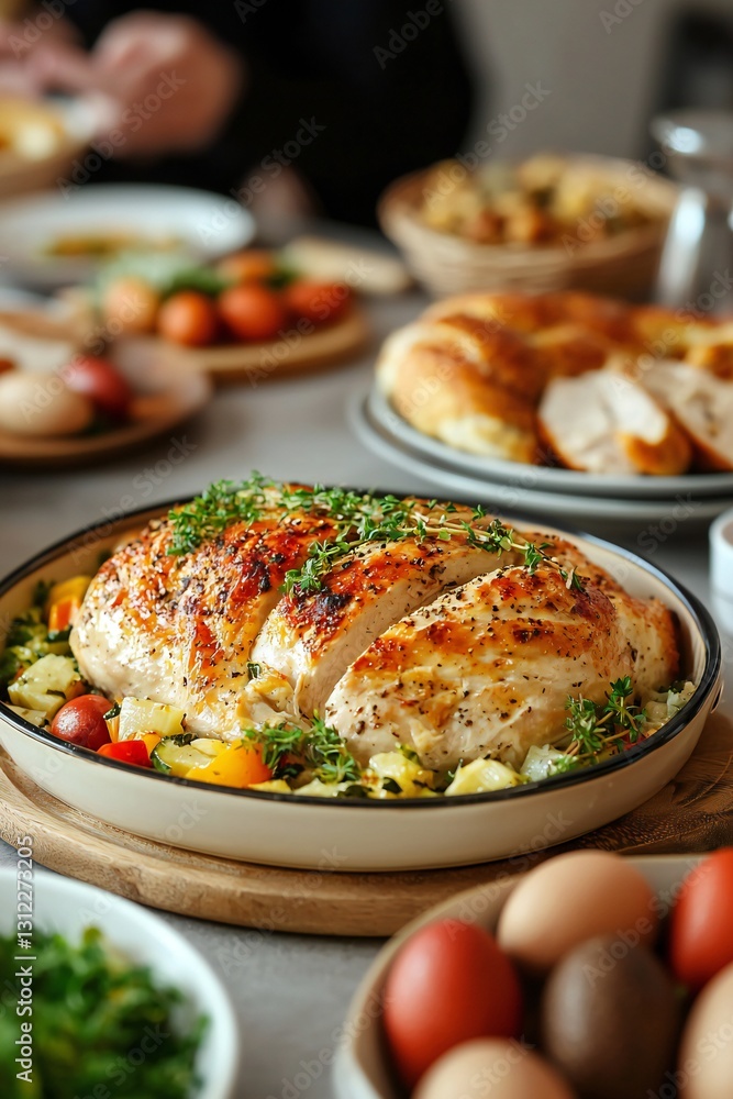 Easter Holiday, Easter Concept, Roasted Chicken Breast with Spring Vegetables Easter Feast Festive Food