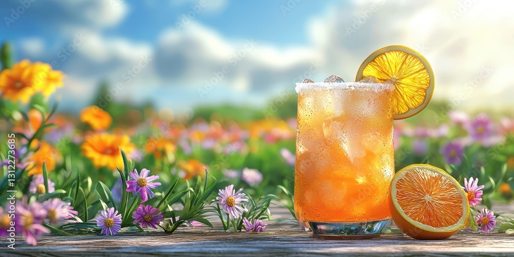 Fototapeta premium Realistic 3D Icon Cartoon of A Frosty Mixed Citrus Juice with Ice on a Wooden Table with a Vibrant Wildflower Meadow Background