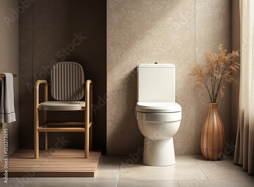 modern bathroom interior with white toilet and wooden chair