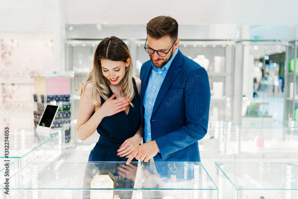 Obraz premium Beautiful couple enjoying in shopping at modern jewelry store. Young woman try it out gorgeous and expensive necklace and earrings. Fashion style and consumerism concept.