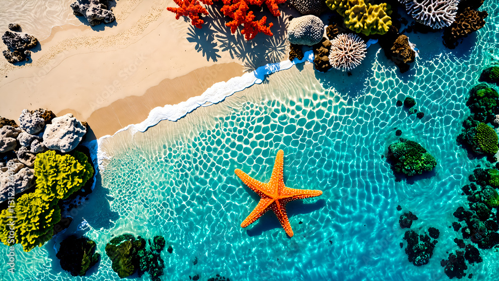 Starfish on sand beach. Tropical holiday.