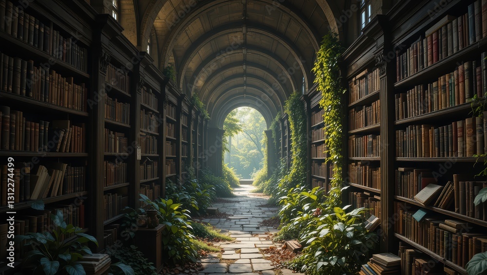 A Serene Library With Sunlight Streaming Through Arched Ceilings and Lush Greenery A Serene Library With Sunlight Streaming Through Arched Ceilings and Lush Greenery
