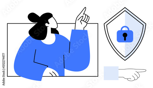 Woman pointing upwards, highlighting a blue padlock shield. Right hand points left. Ideal for cybersecurity, data protection, privacy, internet safety, awareness, security measures IT solutions