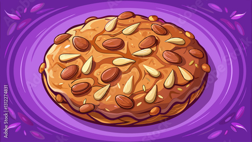 one big cookie with a few almonds top view purple pastel background