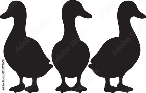 group of three duck front view silhouette vector art illustration