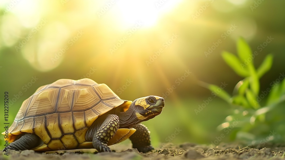 Naklejka premium A turtle is walking on the ground with sunlight shining in the background, creating a warm and natural atmosphere. Concept Turtle in Sunlight, Natural Atmosphere, Warm Background, Outdoor Scene