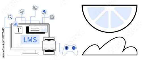 Desktop screen displaying LMS with game controller, book, document, and digital icons. Lemon slice and cloud add creativity. Ideal for education, e-learning, gaming, innovation technology design