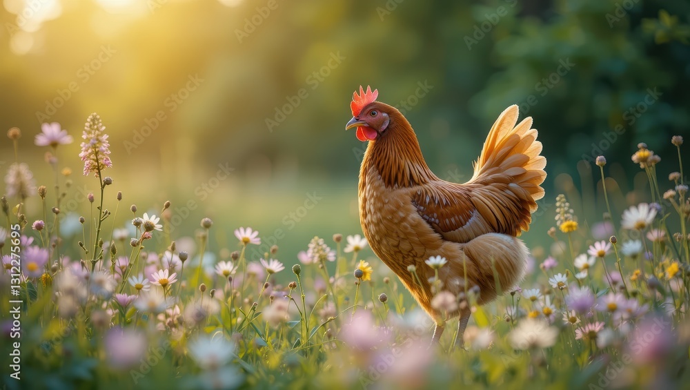 Brown Hen Roaming Among Colorful Wildflowers Under Soft Sunlight in a Rural Garden Brown Hen Roaming Among Colorful Wildflowers Under Soft Sunlight in a Rural Garden