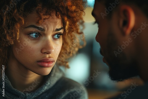 Close-up of a young woman with curly hair expressing suspicion while looking at a man photo