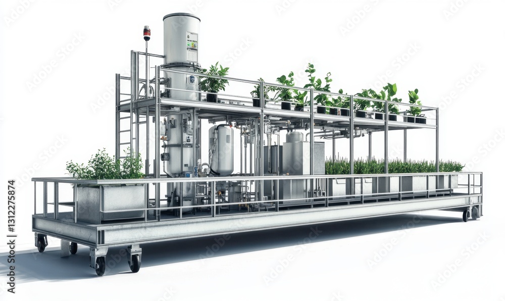 Mobile hydroponic farm with plants, tanks, and pipes on white background Mobile hydroponic farm with plants, tanks, and pipes on white background