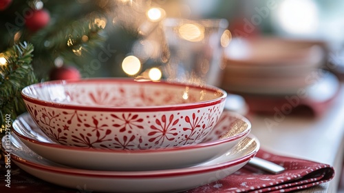 Red and white plate with a design of flowers sits on a table. The table is set for a meal, with a fork photo