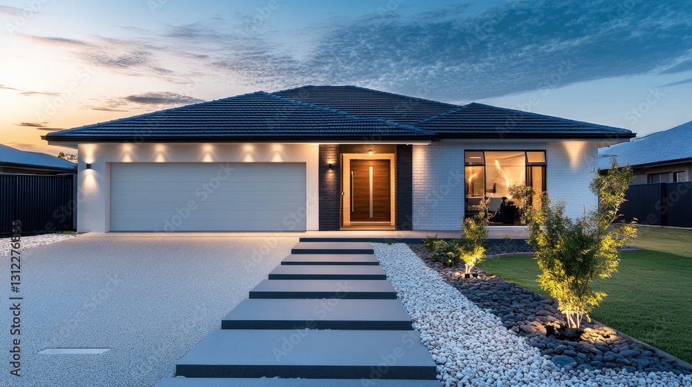 Fototapeta premium Stunning Modern House Exterior at Dusk