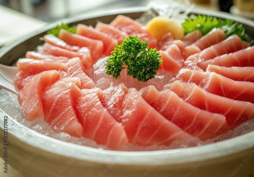 Freshly Prepared Sashimi Platter with Colorful Tuna Slices Garnished with Greens and Citrus, Served on Ice in a Traditional Asian Style Bowl Freshly Prepared Sashimi Platter with Colorful Tuna Slices Garnished with Greens and Citrus, Served on Ice in a Traditional Asian Style Bowl