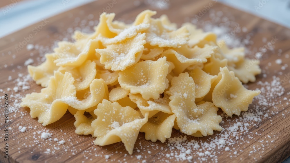 Plate of Freshly Prepared Bowtie Pasta Sprinkled with Parmesan Cheese on Wooden Cutting Board Plate of Freshly Prepared Bowtie Pasta Sprinkled with Parmesan Cheese on Wooden Cutting Board