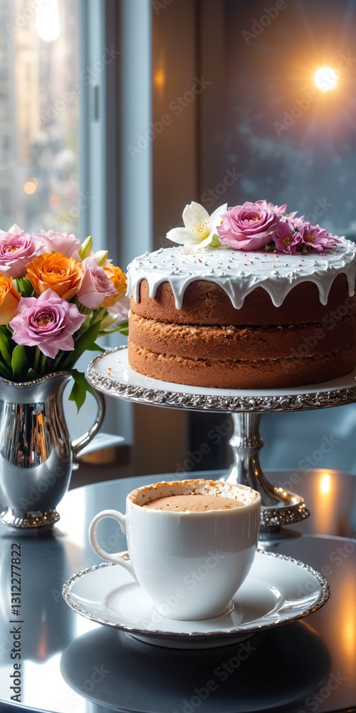 Delicious dessert cake and coffee cup on table. Light from window.