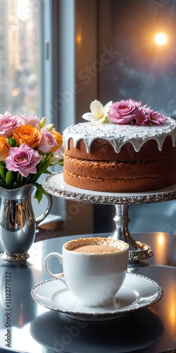 Obraz na płótnie Delicious dessert cake and coffee cup on table. Light from window. w salonie